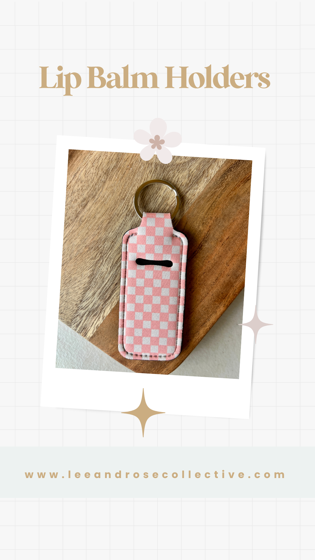 Light Pink and White Checkered Lip Balm Holder Keychain