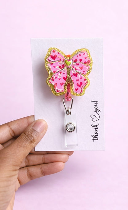 Pink Bow with Hearts Badge Reel