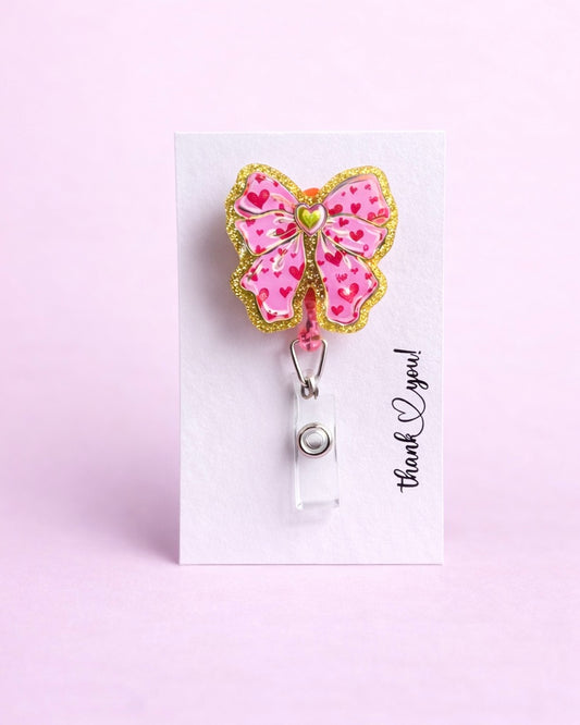 Pink Bow with Hearts Badge Reel