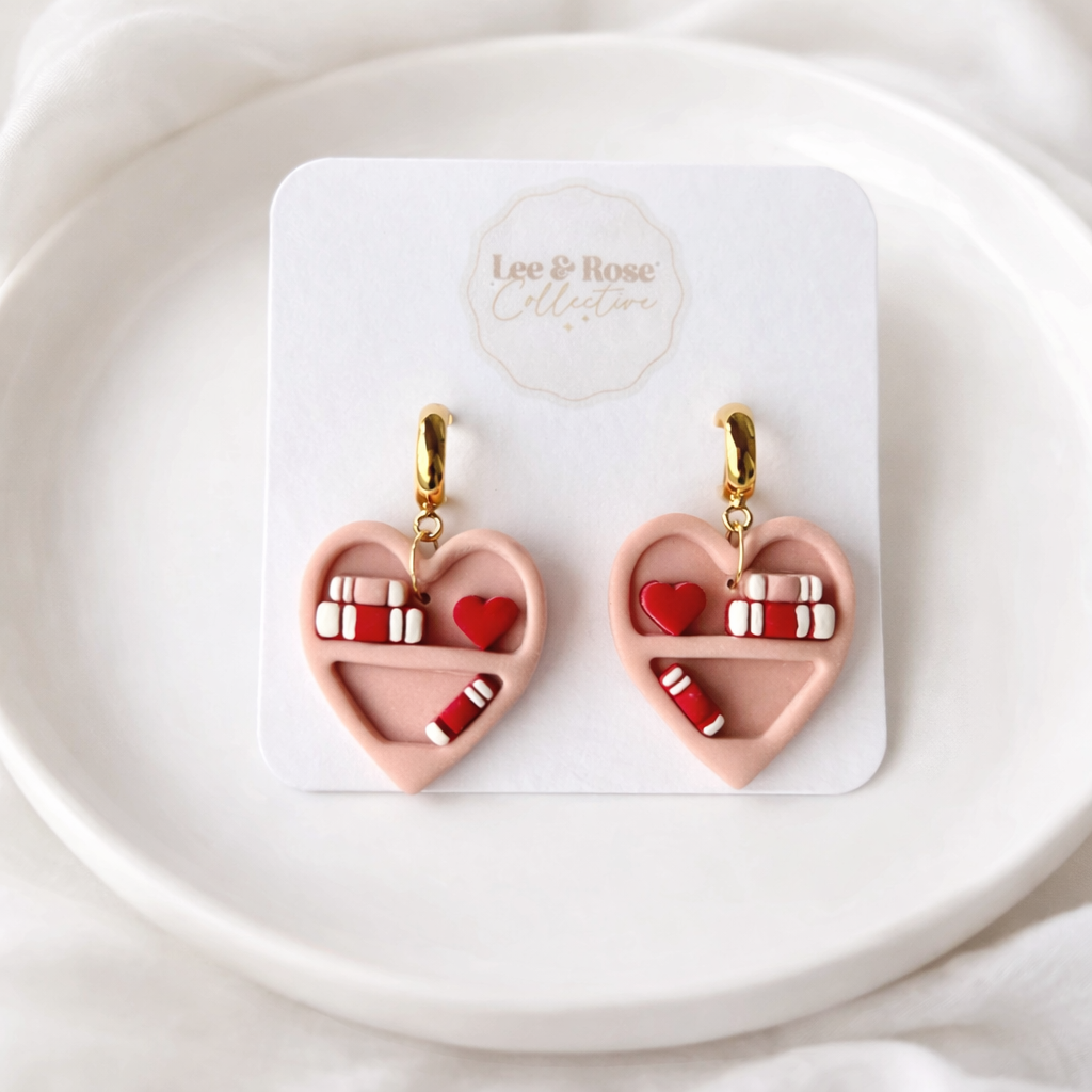 Heart Bookshelf Dangle - Polymer Clay Earrings