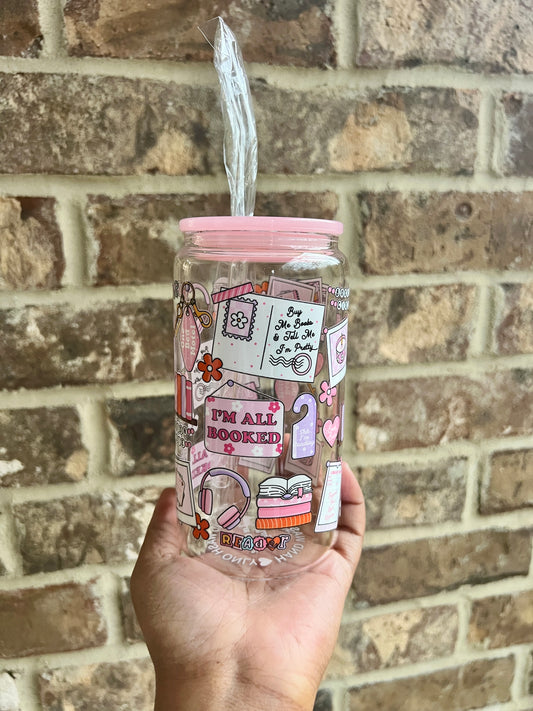 Bookish Girly 16 oz Glass Cup - Lid & Straw Included