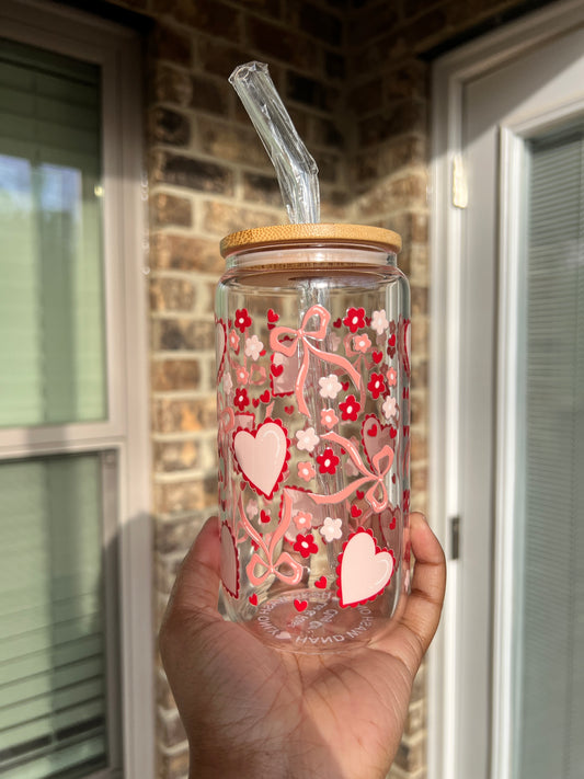 Red Hearts and Pink Bows 16 oz Glass Cup - Lid & Straw Included