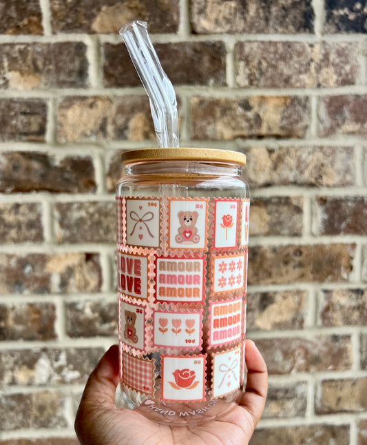 Valentine's Day Stamps 16 oz Glass Cup - Lid & Straw Included