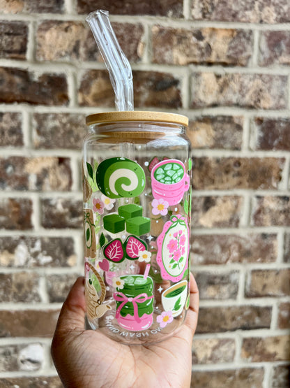 Strawberry Matcha 16 oz Glass Cup - Lid & Straw Included