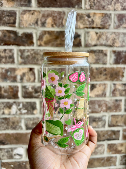 Strawberry Matcha 16 oz Glass Cup - Lid & Straw Included