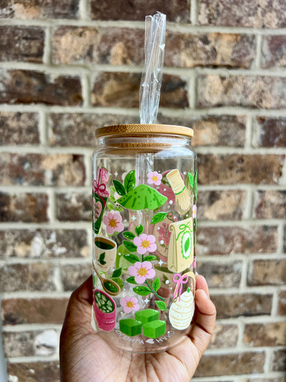 Strawberry Matcha 16 oz Glass Cup - Lid & Straw Included