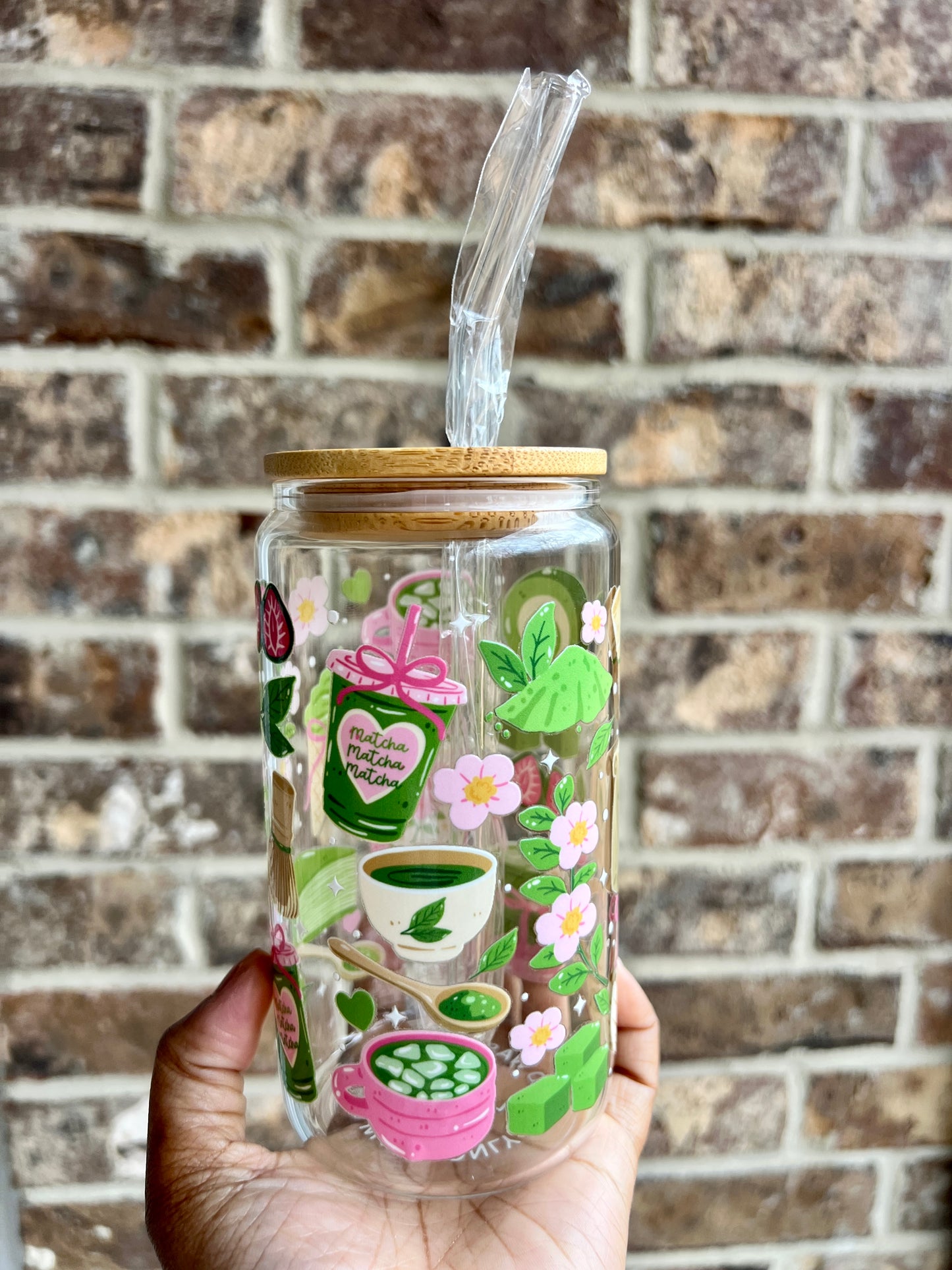 Strawberry Matcha 16 oz Glass Cup - Lid & Straw Included