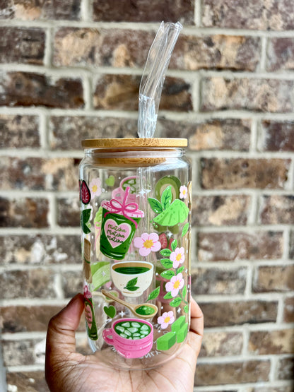 Strawberry Matcha 16 oz Glass Cup - Lid & Straw Included