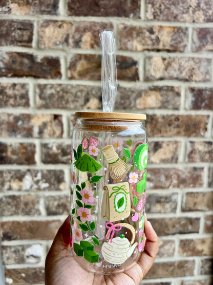 Strawberry Matcha 16 oz Glass Cup - Lid & Straw Included
