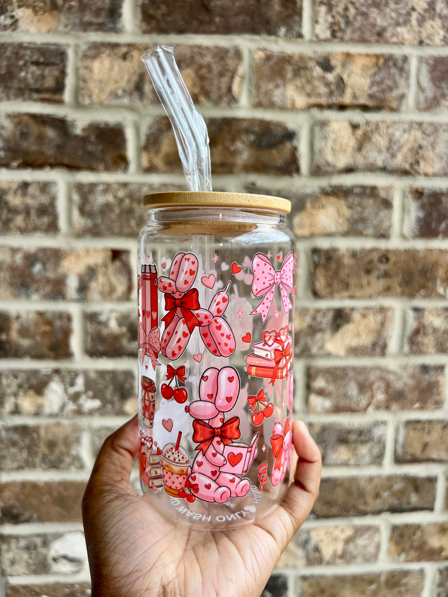 Valentine's Balloon Dog 16 oz Glass Cup - Lid & Straw Included