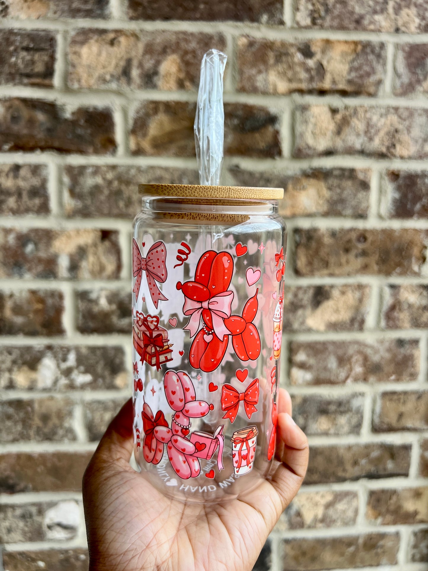 Valentine's Balloon Dog 16 oz Glass Cup - Lid & Straw Included