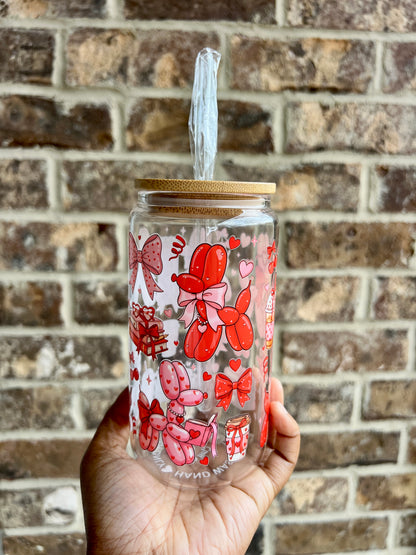 Valentine's Balloon Dog 16 oz Glass Cup - Lid & Straw Included