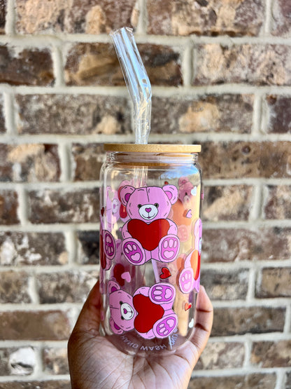 Teddy Bear Heart 16 oz Glass cup - Lid & Straw Included
