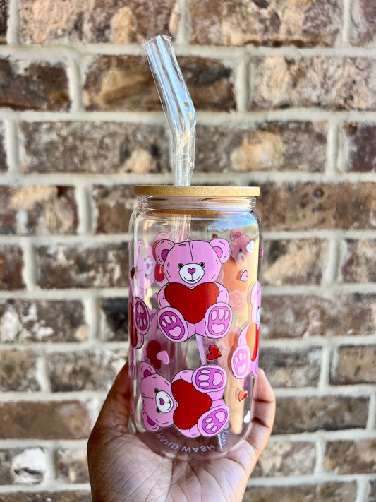 Teddy Bear Heart 16 oz Glass cup - Lid & Straw Included