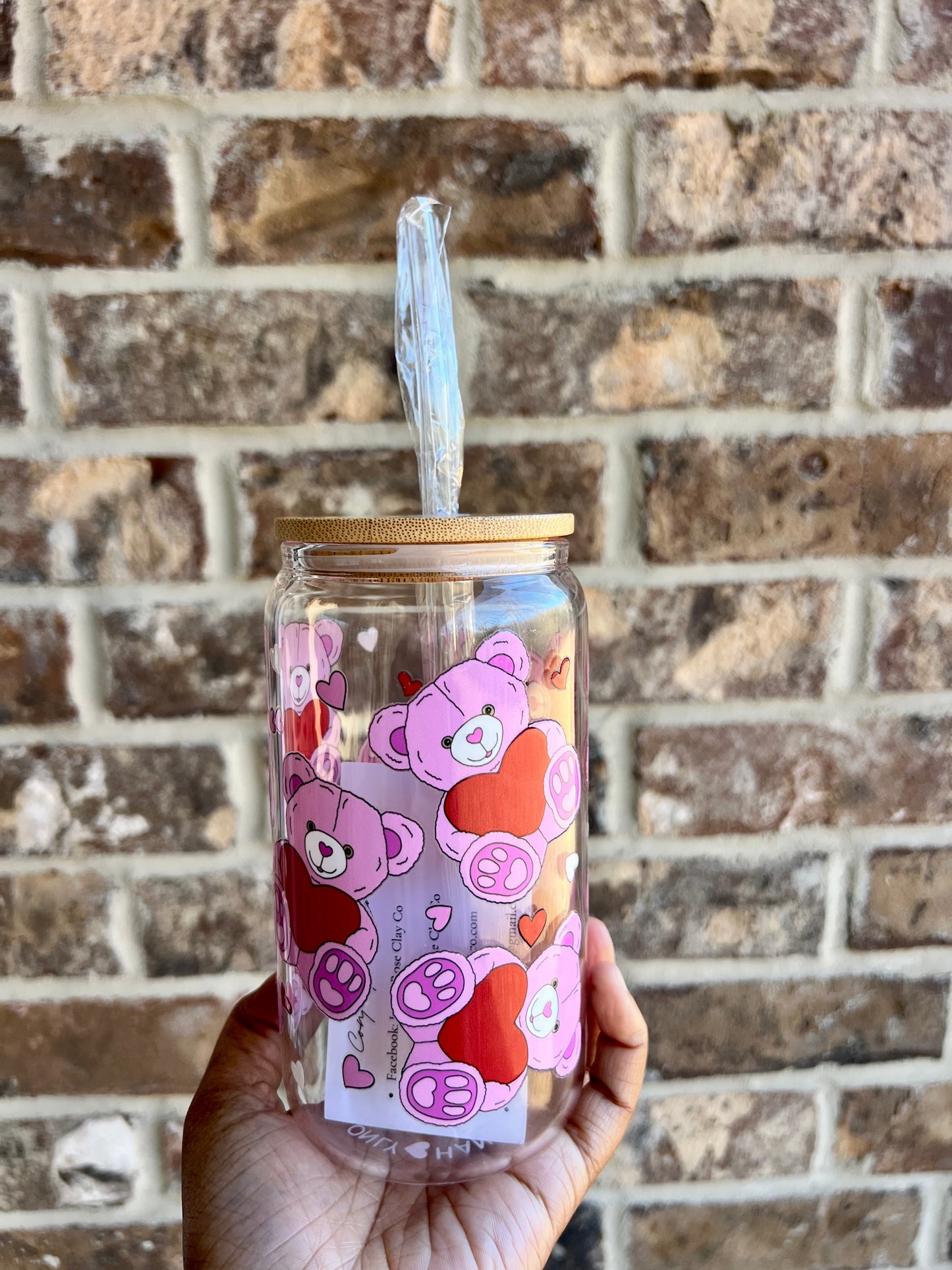 Teddy Bear Heart 16 oz Glass cup - Lid & Straw Included