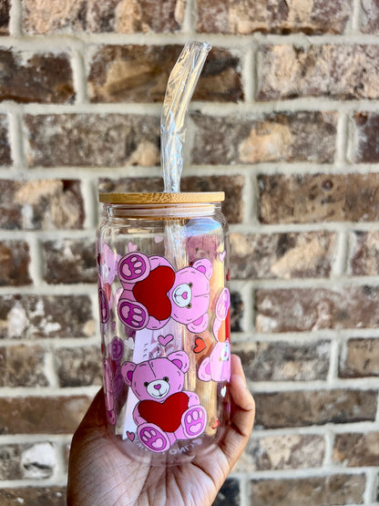 Teddy Bear Heart 16 oz Glass cup - Lid & Straw Included