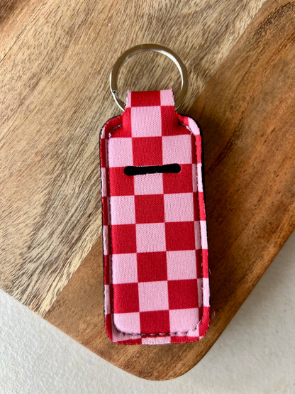 Red and Pink Checkered Lip Balm Holder Keychain