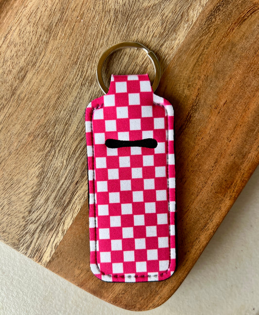 Dark Pink and White Checkered Lip Balm Holder Keychain