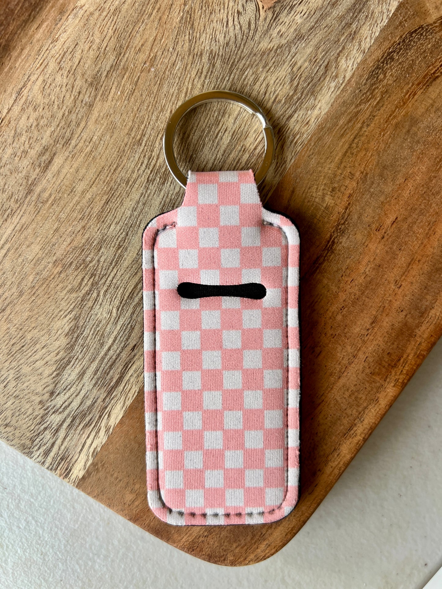 Light Pink and White Checkered Lip Balm Holder Keychain