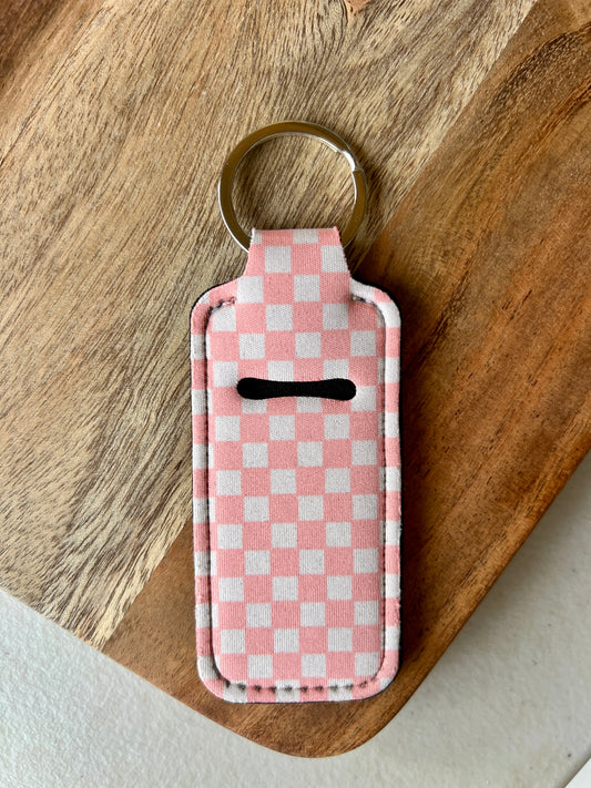 Light Pink and White Checkered Lip Balm Holder Keychain