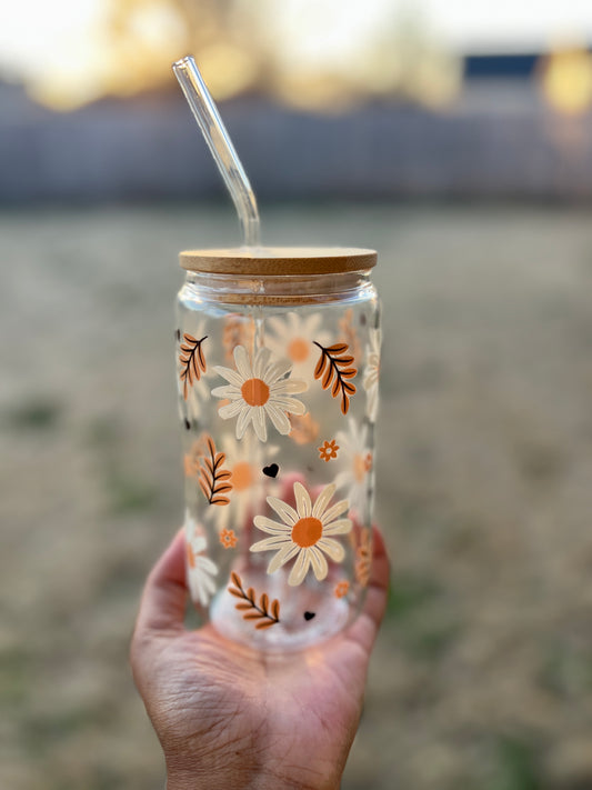 Sunflower 16 oz Glass Cup - Lid & Straw Included