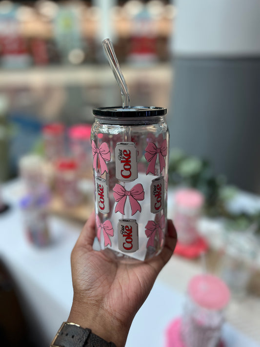 Diet Coke 16 oz Glass Cup - Lid & Straw Included