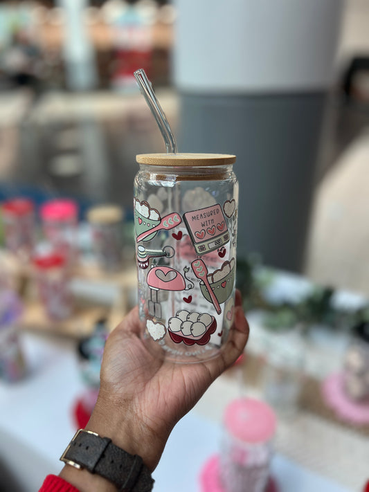 Measure with Your Heart Baking 16 oz Glass Cup - Lid & Straw Included