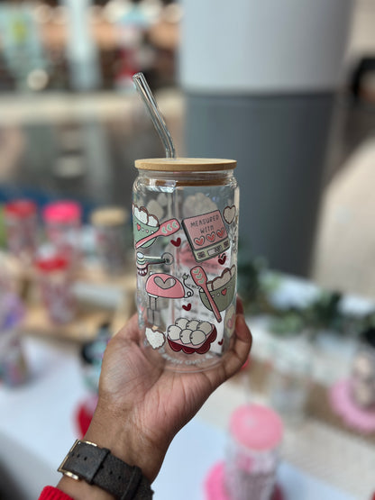 Measure with Your Heart Baking 16 oz Glass Cup - Lid & Straw Included