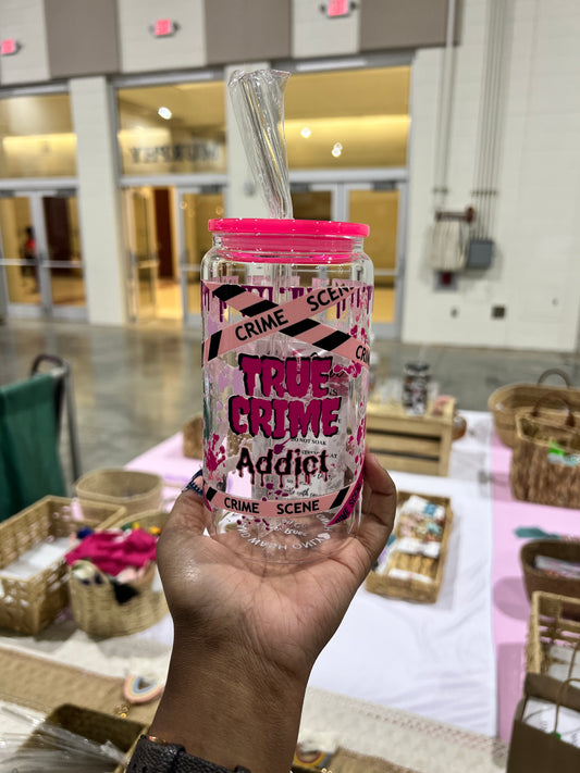 True Crime 16 oz Glass Cup - Lid & Straw Included