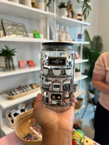 Coffee Themed 16 oz Glass Cup - Lid & Straw Included