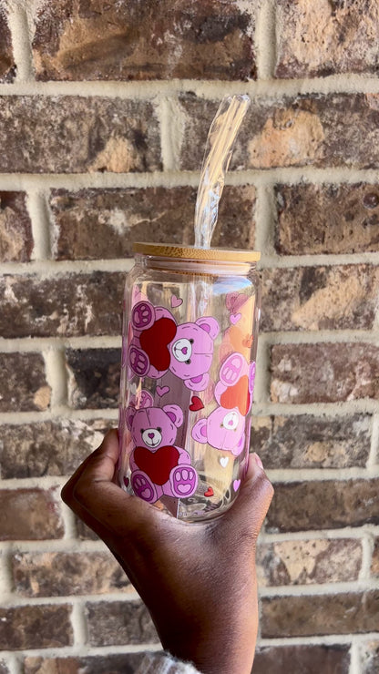 Teddy Bear Heart 16 oz Glass cup - Lid & Straw Included