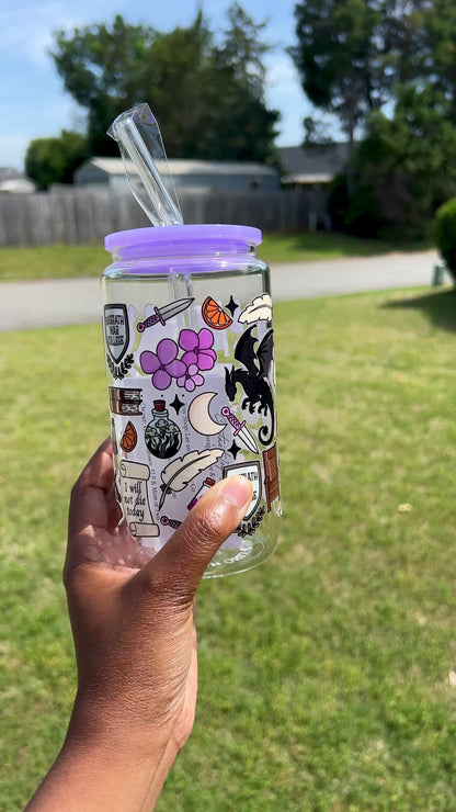 Fourth Wing Inspired Glass Cup - Lid & Straw Included