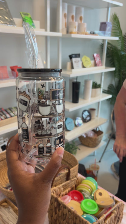 Coffee Themed 16 oz Glass Cup - Lid & Straw Included