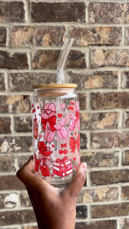 Valentine's Balloon Dog 16 oz Glass Cup - Lid & Straw Included