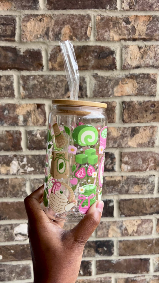 Strawberry Matcha 16 oz Glass Cup - Lid & Straw Included